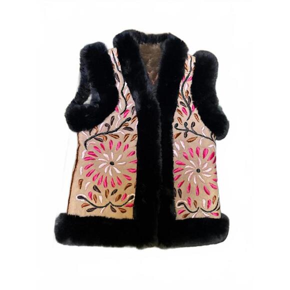 Jackets & Blazers - Vintage Afghan Embroidered Suede Waistcoat Vest and Fur, Medium